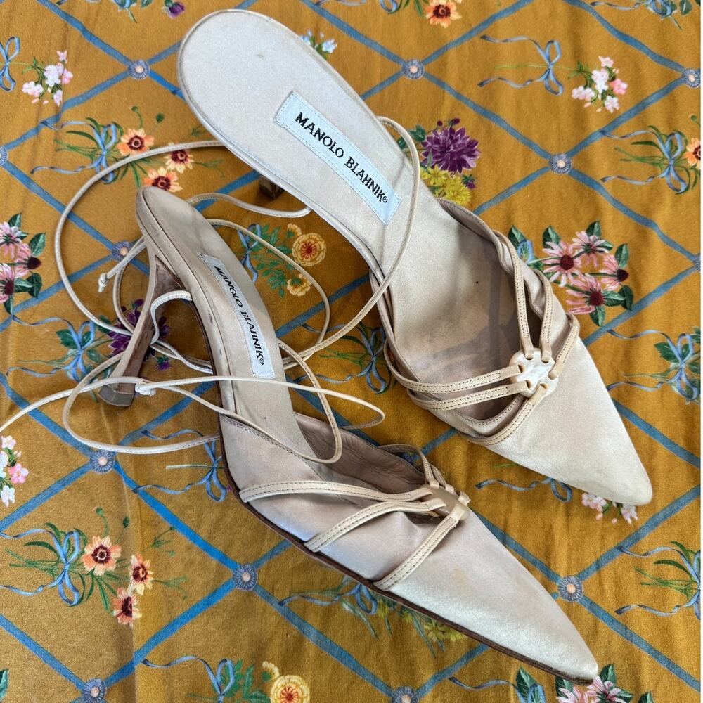 Manolo Blahnik | Vintage Gold Satin Button Detail Wrap Around D'Orsay Mule Sz 41